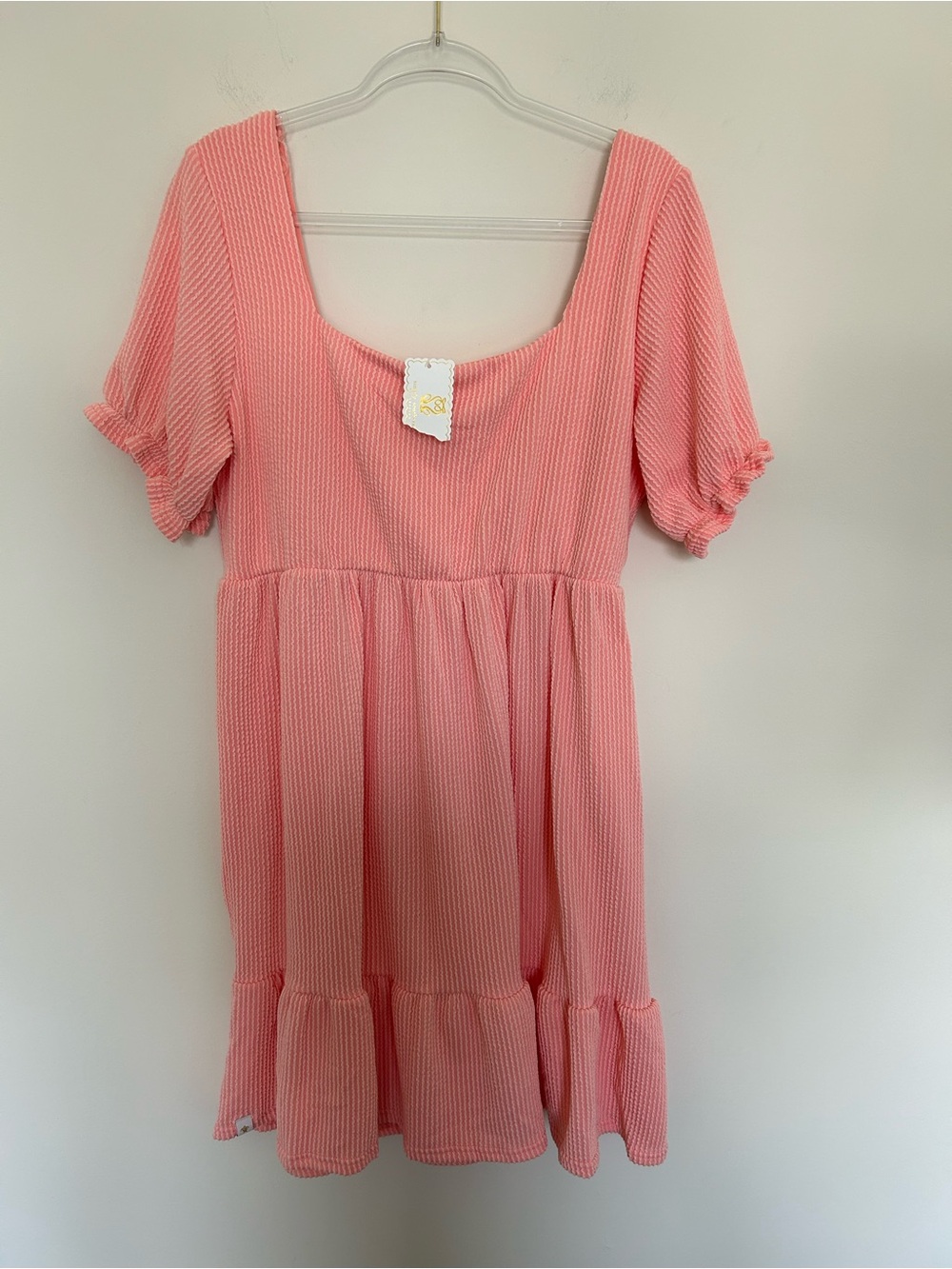 Simply Southern Babydoll Dress Peachy Pink Large Puff Sleeve Textured Mini